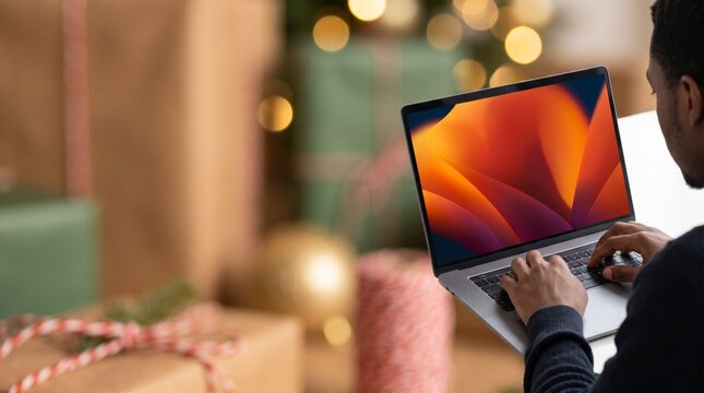 Last minute online buyer typing on a laptop beside kraft gifts, red white twine and gold baubles