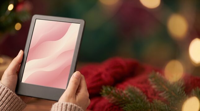 Bookworm holding an e-reader with a blush wave screen beside red knit wool, pine and warm lights