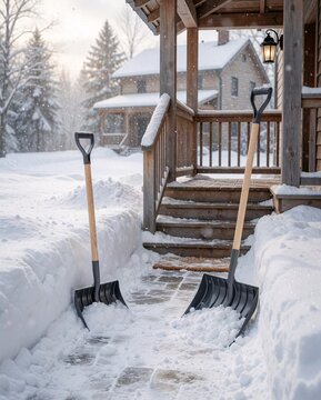 Two snow shovels leaning against a snowy wooden porch after a fresh winter snowfall