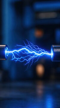 Blue electric arc discharge jumps between two metal electrodes in a dark, industrial setting.