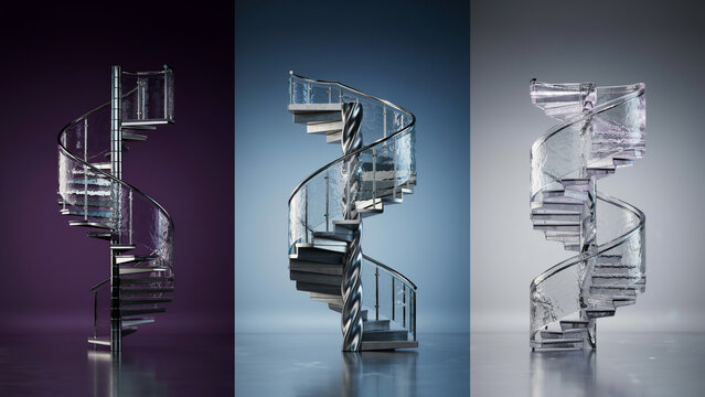 Three vertical spiral staircases with glass steps and metal railings presented against purple, blue, and grey backgrounds in a triptych layout