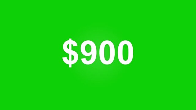 900 dollar currency amount on green screen background, white nine hundred dollar sign text for financial video, minimalist money value overlay