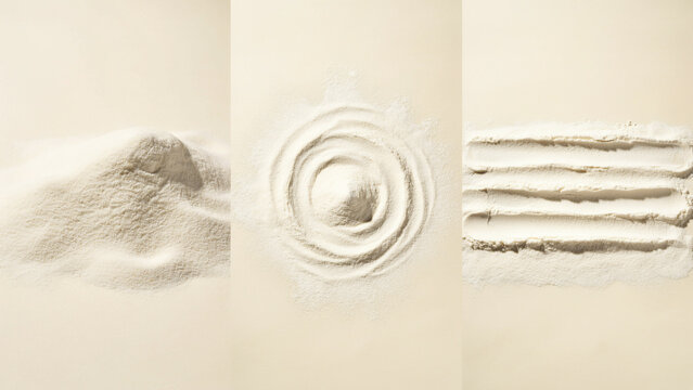 Three views of fine white powder on a beige background, showing a mound, a spiral pattern, and parallel lines, created by a, flat tool, or scraper
