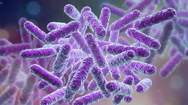 Enterobacteria, 3D animation. Rod-shaped Gram-negative bacteria representing clinically important enteric pathogens associated with intestinal, urinary, bloodstream and hospital-acquired infections.