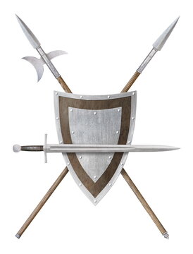 sword shield spear and poleaxe isolated on white
