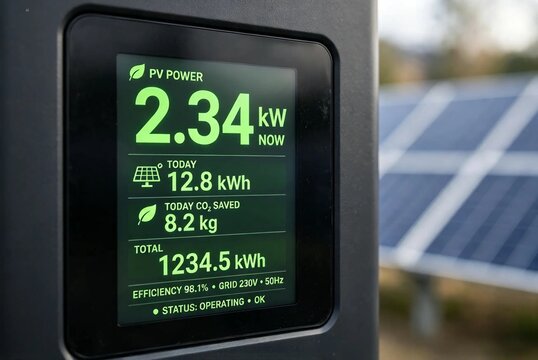 Solar inverter display showing PV power production kilowatt data