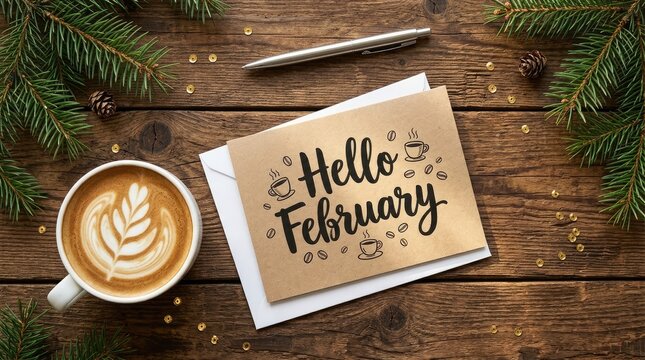 Handwritten hello february greeting card placed on rustic wooden table with fresh pine branches