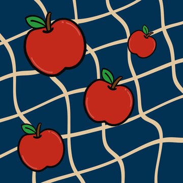 Red apples on wavy grid net pattern navy blue background seamless