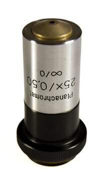 Planachromat 25x microscope objective with 0.50 numerical aperture and 160 mm tube length marking, featuring a silver metal barrel and black mounting base, isolated on white.