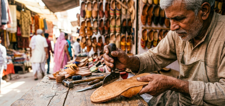 Indian Artisan Culture, Traditional Leatherwork, Handmade Footwear, Skilled Craftsmanship, and Local Market Heritage
