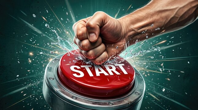 Muscular arm aggressively punching large red start button surrounded by dramatic splashing water droplets