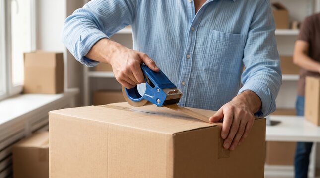 Cardboard box packaging tape hand tool person delivery packing shipping warehouse cardboard parcel package sealing logistics tape dispenser blue hand workplace storage moving commerce online