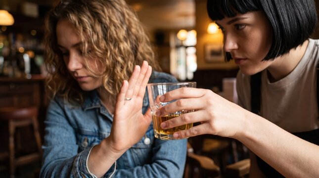 Young woman refusing alcohol as another woman offers whiskey in glass at dimly lit bar, conveying concern and responsible drinking awareness