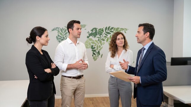 Professional team discussing business strategy in modern office with diverse colleagues and presentation folder, creating collaborative workplace atmosphere