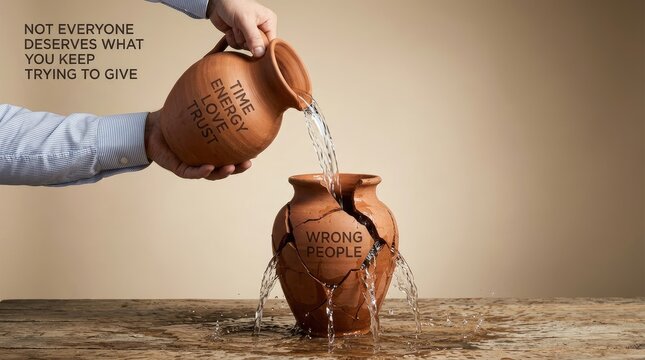 Conceptual metaphor of pouring precious personal resources into a broken and cracked clay vessel
