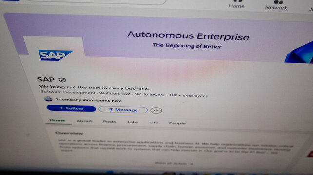 SAP global software company profile showing blue brand logo on white interface with autonomous enterprise text for business technology enterprise management systems.