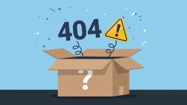 Animated 404 Error Concept with Cardboard Box and Warning Sign on Blue Background