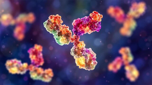 Immunoglobulin molecules, 3D animation. Antibody proteins floating in fluid, representing adaptive immunity, antigen binding and humoral immune defence.