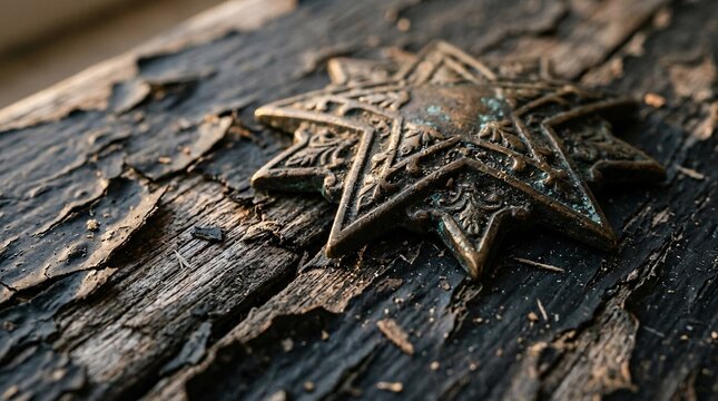 Weathered antique bronze star medallion resting on deeply cracked and peeling dark painted wood, rich metallic patina catching warm light