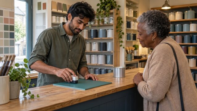 Retailer scans a dry teal reference board while a customer watches across the wooden service counter in a compact independent paint shop