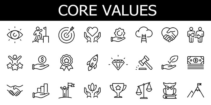 Core values web icons set. Core value - simple thin line icons collection. Containing goals, responsibility, performance, accountability, will to win, quality, teamwork and more. Ve