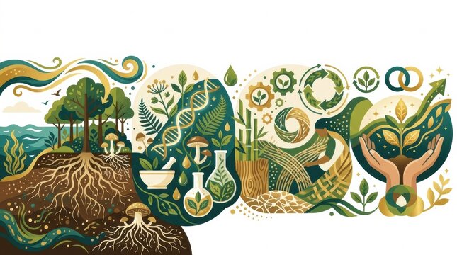 This artwork illustrates key themes of ecology, sustainability, and the impact of pollution on the environment.