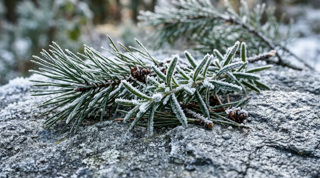 Frozen pine needles and cones lie atop icy stone