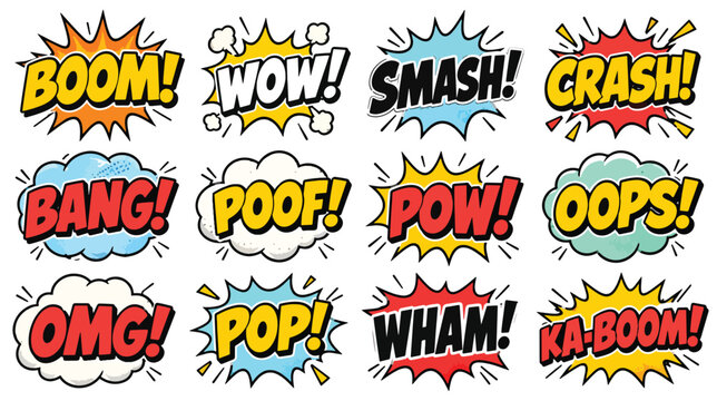 Retro comic book sound effects, set of 12 pop art speech bubbles, colorful explosion and cloud onomatopoeia vector illustrations
