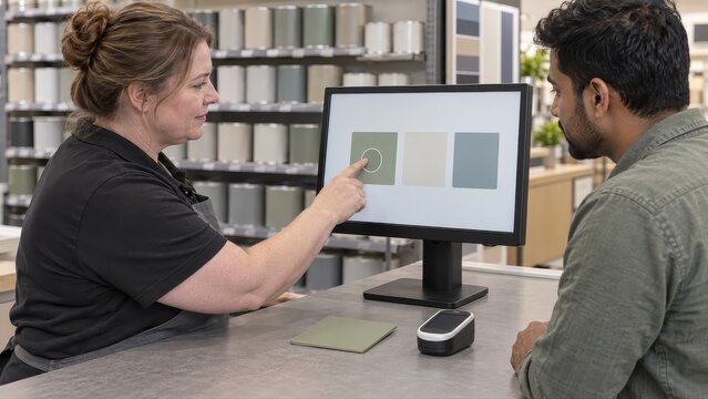 Specialist selecting a sage tile on a touchscreen for a customer while the dry original sample and inactive scanner remain below the monitor at a paint shop counter