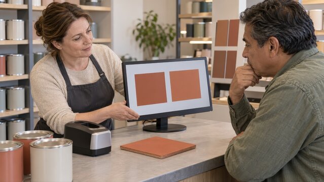 Retailer turning a monitor toward a customer to compare two terracotta colour candidates beside the original dry painted reference at a paint shop consultation counter
