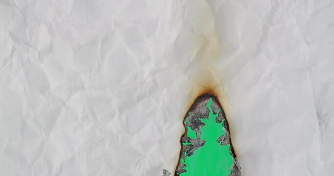 Expanding Burn in Crumpled Paper with Green Screen. Crumpled white paper slowly chars and burns against green screen with dark rim spreading around opening. 