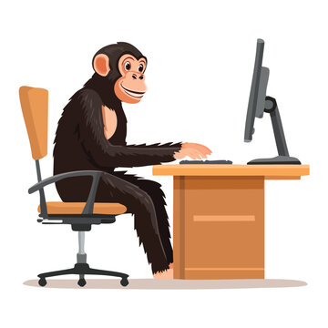 Cartoon chimpanzee monkey working on a computer at an office desk