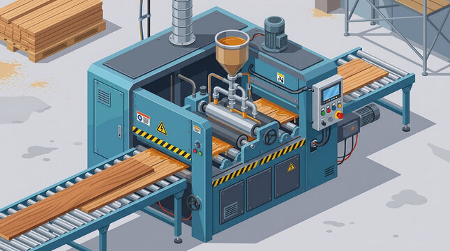 Isometric illustration of an industrial woodworking machine applying adhesive to wooden boards via rollers and a gravity-fed glue hopper on a roller conveyor system.