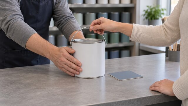 Retailer steadies a closed prepared paint tin as the customer takes its handle beside the returned blue grey reference at the shop collection counter