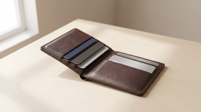 Bank cards in an open leather wallet on a neutral tabletop, representing personal finance, cashless payments, banking and everyday money management.