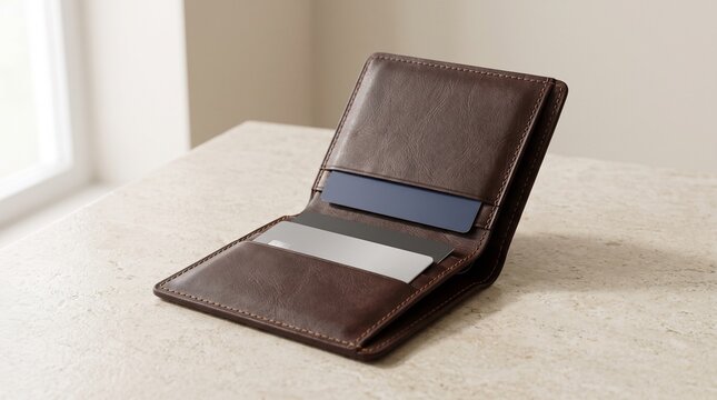 Bank cards in an open leather wallet on a neutral tabletop, representing personal finance, cashless payments, banking and everyday money management.
