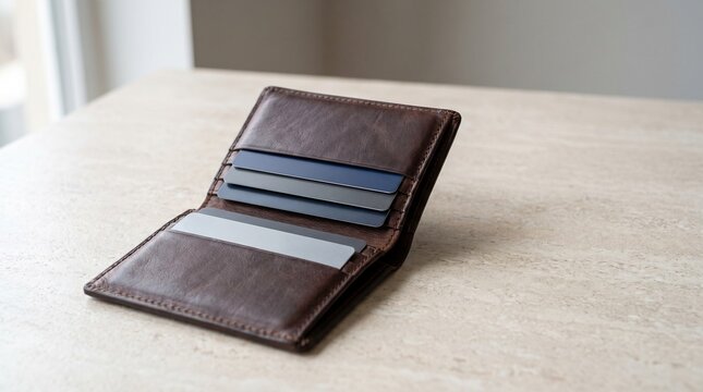 Bank cards in an open leather wallet on a neutral tabletop, representing personal finance, cashless payments, banking and everyday money management.