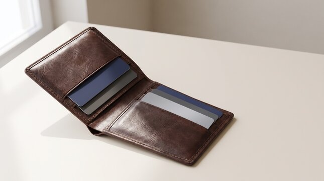 Bank cards in an open leather wallet on a neutral tabletop, representing personal finance, cashless payments, banking and everyday money management.