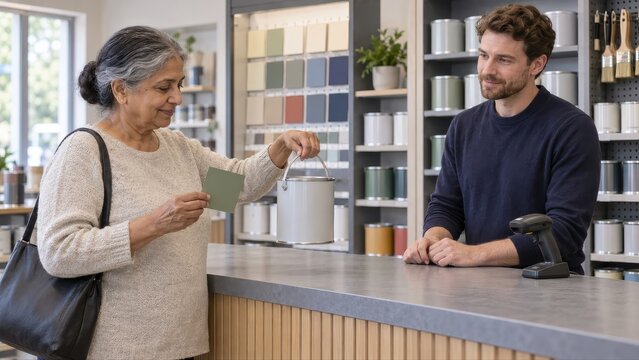 Customer collects a closed prepared paint tin by its carrying handle while holding the returned green reference square beside a specialist at the shop counter