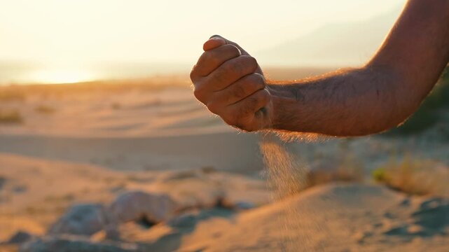 A man pours sand from his palm in slow motion as wind carries the drifting grains. The close shot highlights texture, movement, and nature.