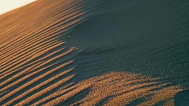 Aerial drone view of desert sand dunes, revealing flowing patterns and the natural beauty of the vast sandy landscape.