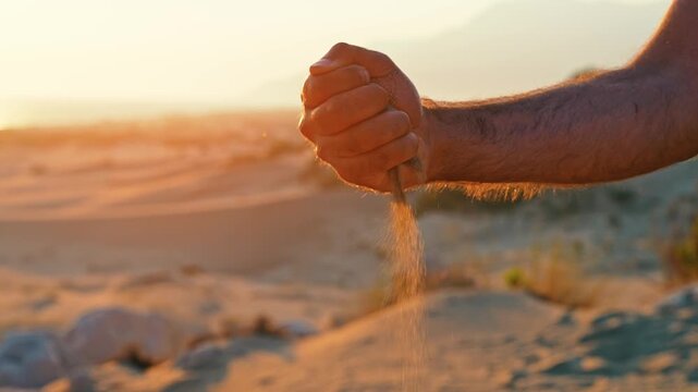 A man pours sand from his palm in slow motion as wind carries the drifting grains. The close shot highlights texture, movement, and nature.