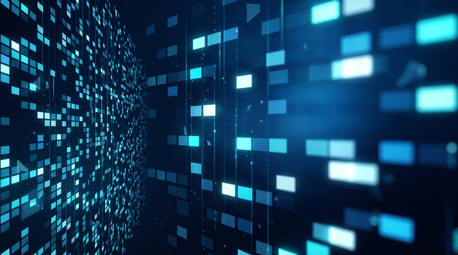 Abstract Blue Digital Data Streams with Glowing Pixels and Futuristic Technology Background