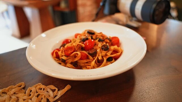 Fettuccine pasta with Arrabbiata sauce, surrounded by fresh pasta ingredients, showcases the rich textures of traditional Italian cuisine.
