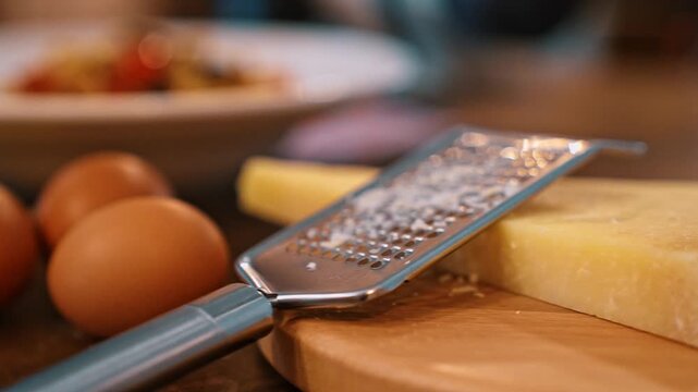 Parmesan cheese triangle wedge featured in front of a grater and fresh pasta ingredients.