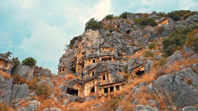 Myra Ancient City in Antalya, Turkiye, showcases magnificent rock tombs carved into towering cliffs, reflecting the timeless legacy of Lycian civilization.