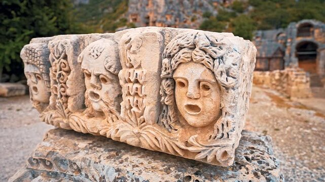 Myra Ancient City in Demre, Antalya, Turkiye, reveals detailed stone faces in a smooth camera movement from right to left.