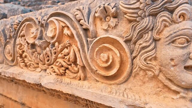 Myra Ancient City in Demre, Antalya, reveals intricate stone face carvings and ancient ruins in a detailed close up.