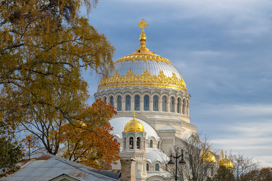 The dome of the ancient Cathedral of St. Nicholas the Wonderworker in the autumn landscape. Kronshtadt (Saint Petersburg), Russia