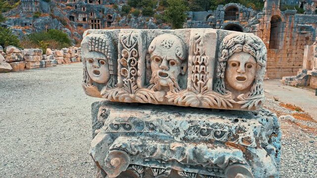 Myra Ancient City in Antalya, reveals remarkable stone face carvings among historic ruins, preserving the artistry of ancient civilizations.